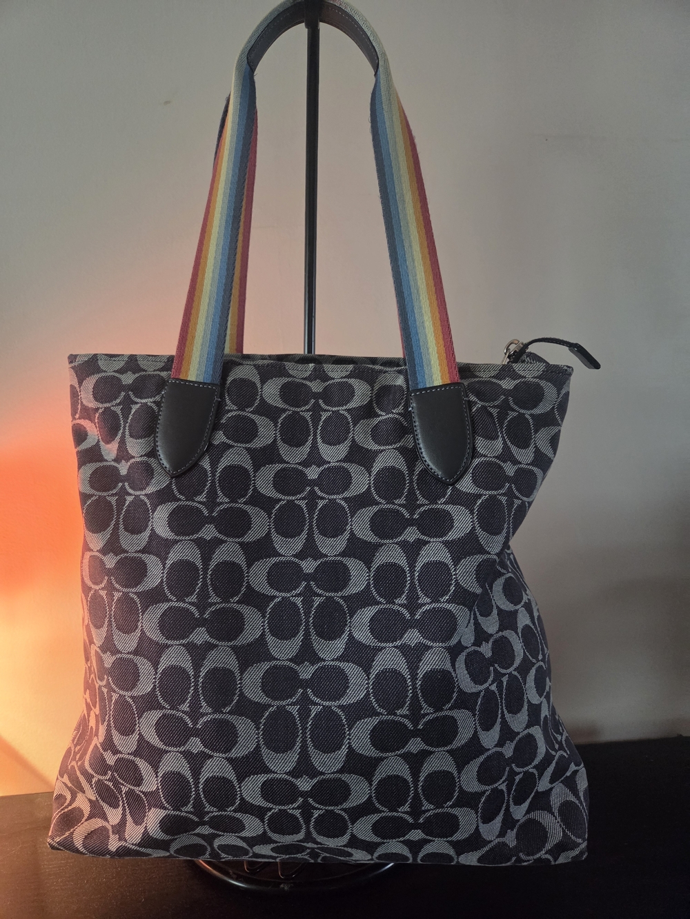 Coach Jean Signature Canvas Tote with Rainbow Straps - NAVY/Grey LIKE NEW - Picture 3 of 9